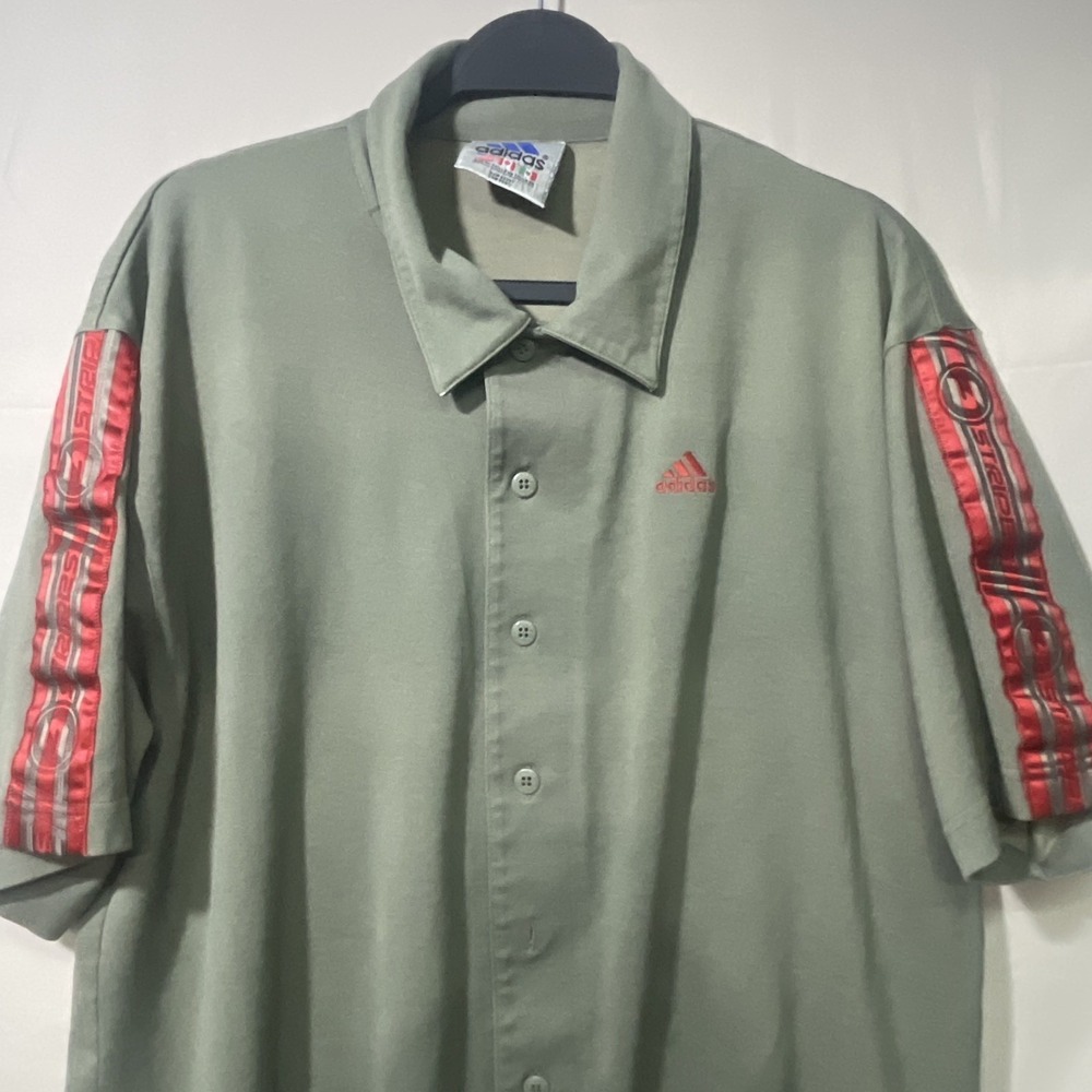 Vintage Adidas Originals Green 3 Stripes Knit Short Sleeve Button Up Mens XL Y2K